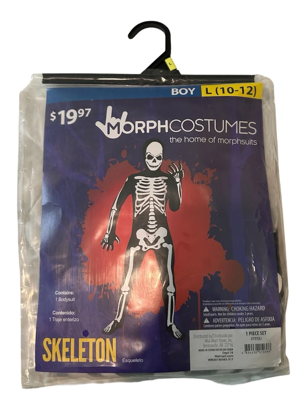 MorphCostumes Boys Skeleton Halloween Costume Size L 10-12 Black Bodysuit New